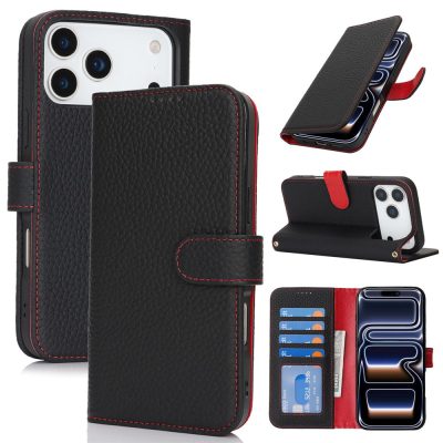 Litchi Texture Genuine Leather Wallet Case For iPhone 18 Pro Max Stand Flip Phone Cover RFID Blocking