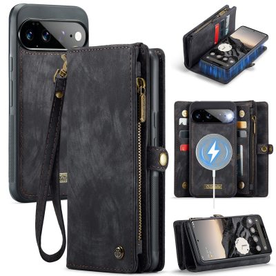 CASEME For Google Pixel 11 Pro XL Case 2-in-1 Detachable Magnetic Zipper Wallet Vegan Leather Flip Cover With Strap