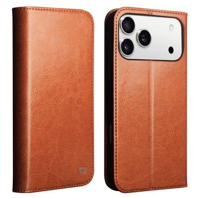 QIALINO For iPhone 18 Pro Max Case Waxy Genuine Leather Stand Wallet Flip Phone Cover