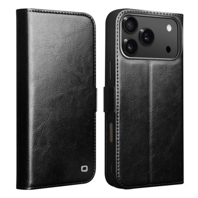 QIALINO For iPhone 18 Pro Case Waxy Genuine Leather Stand Wallet Flip Phone Cover with Magnetic Closure