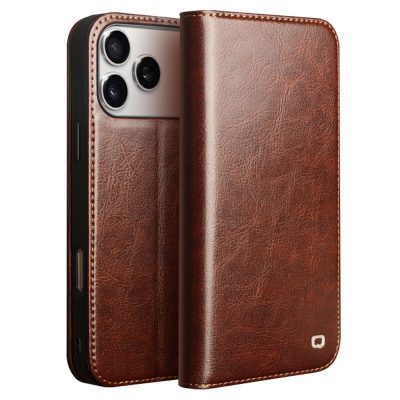 QIALINO For iPhone 18 Pro Case Waxy Genuine Cowhide Leather Stand Wallet Flip Phone Cover