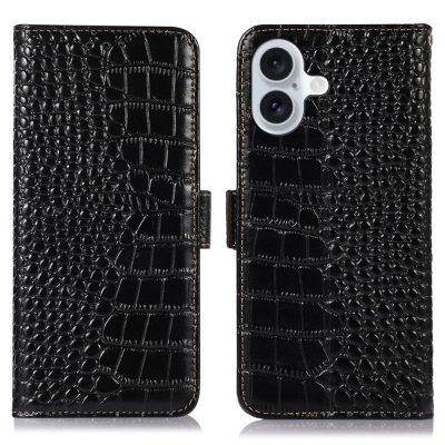 RFID Blocking Wallet Case For iPhone 16 Plus Crocodile Pattern Genuine Cow Leather Flip Phone Cover