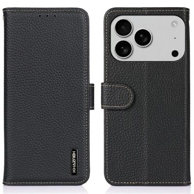 KHAZNEH For iPhone 18 Pro Case Litchi Texture Genuine Cow Leather Flip Phone Cover with Magnetic Flap