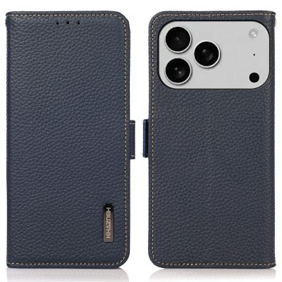 KHAZNEH For iPhone 18 Pro Case RFID Blocking Wallet Litchi Texture Genuine Cow Leather Cover with Magnetic Flap
