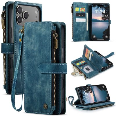 CASEME For iPhone 18 Pro Max Case Zipper Wallet Fur Vegan Leather Flip Cover with Strap