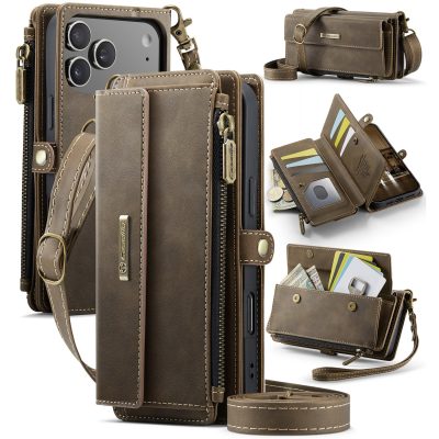 CASEME For iPhone 18 Pro Case RFID Blocking Zipper Wallet Stand Retro Vegan Leather Cover with Strap