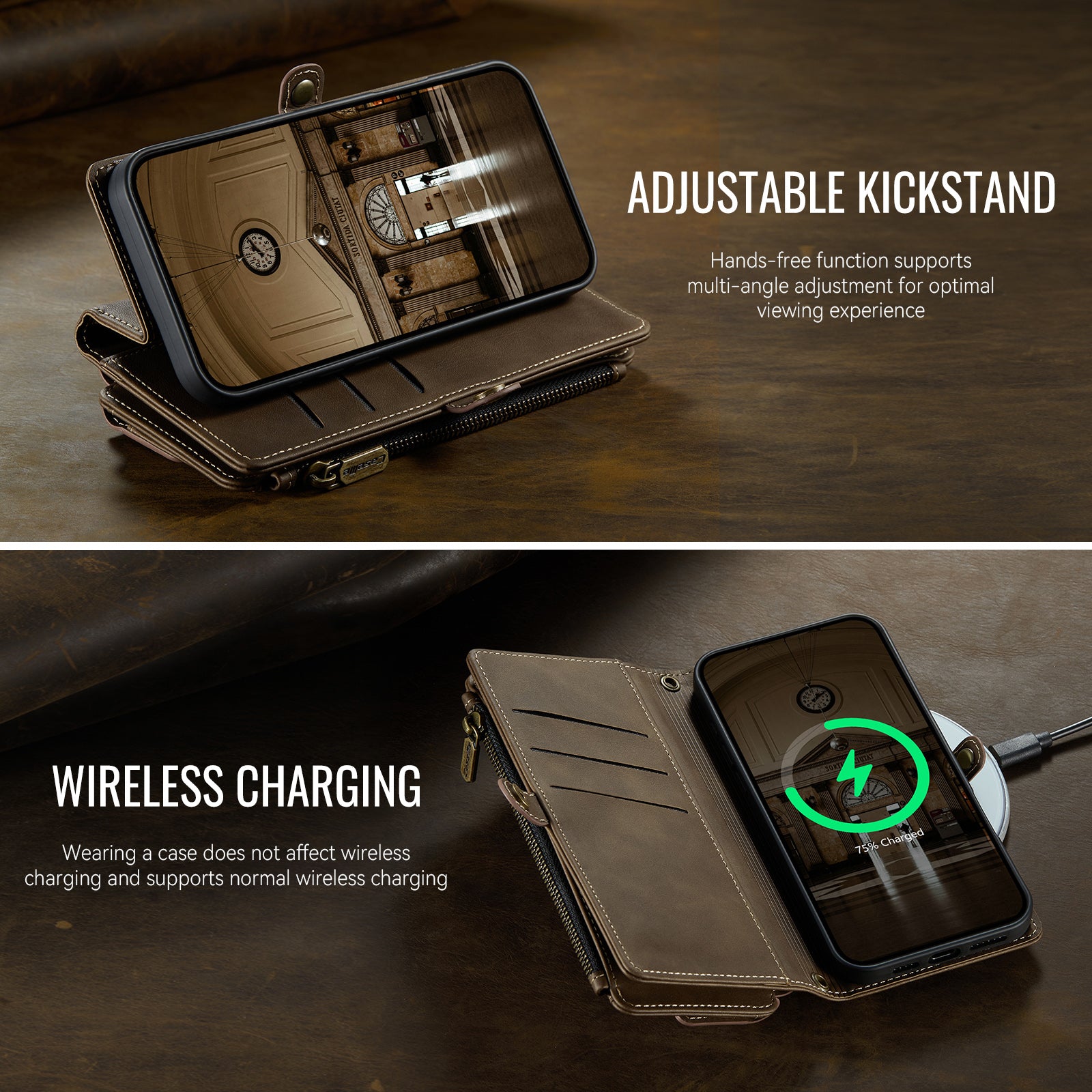 CASEME For iPhone 18 Pro Case RFID Blocking Zipper Wallet Stand Retro Vegan Leather Cover with Strap - Image 10