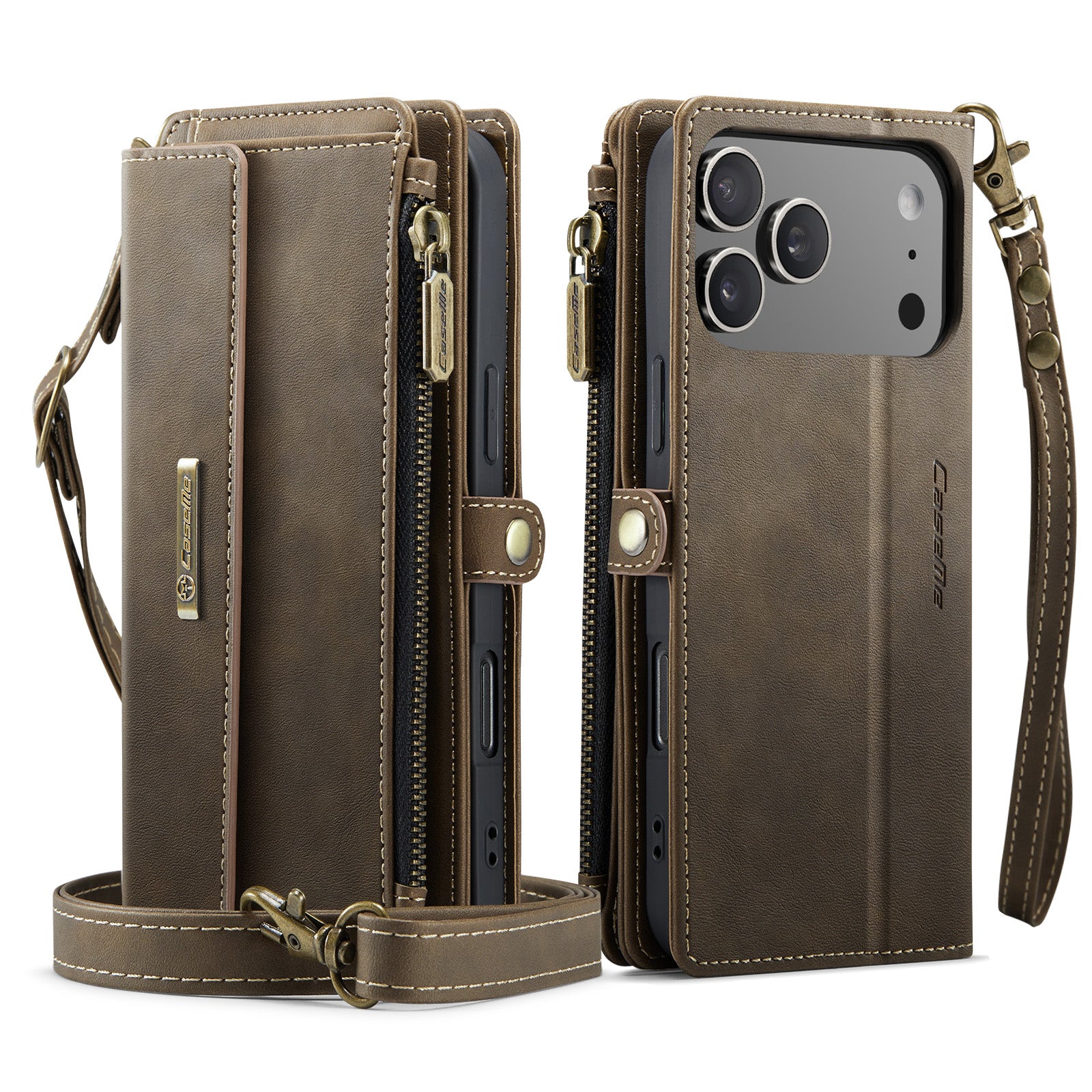 CASEME For iPhone 18 Pro Case RFID Blocking Zipper Wallet Stand Retro Vegan Leather Cover with Strap - Image 2