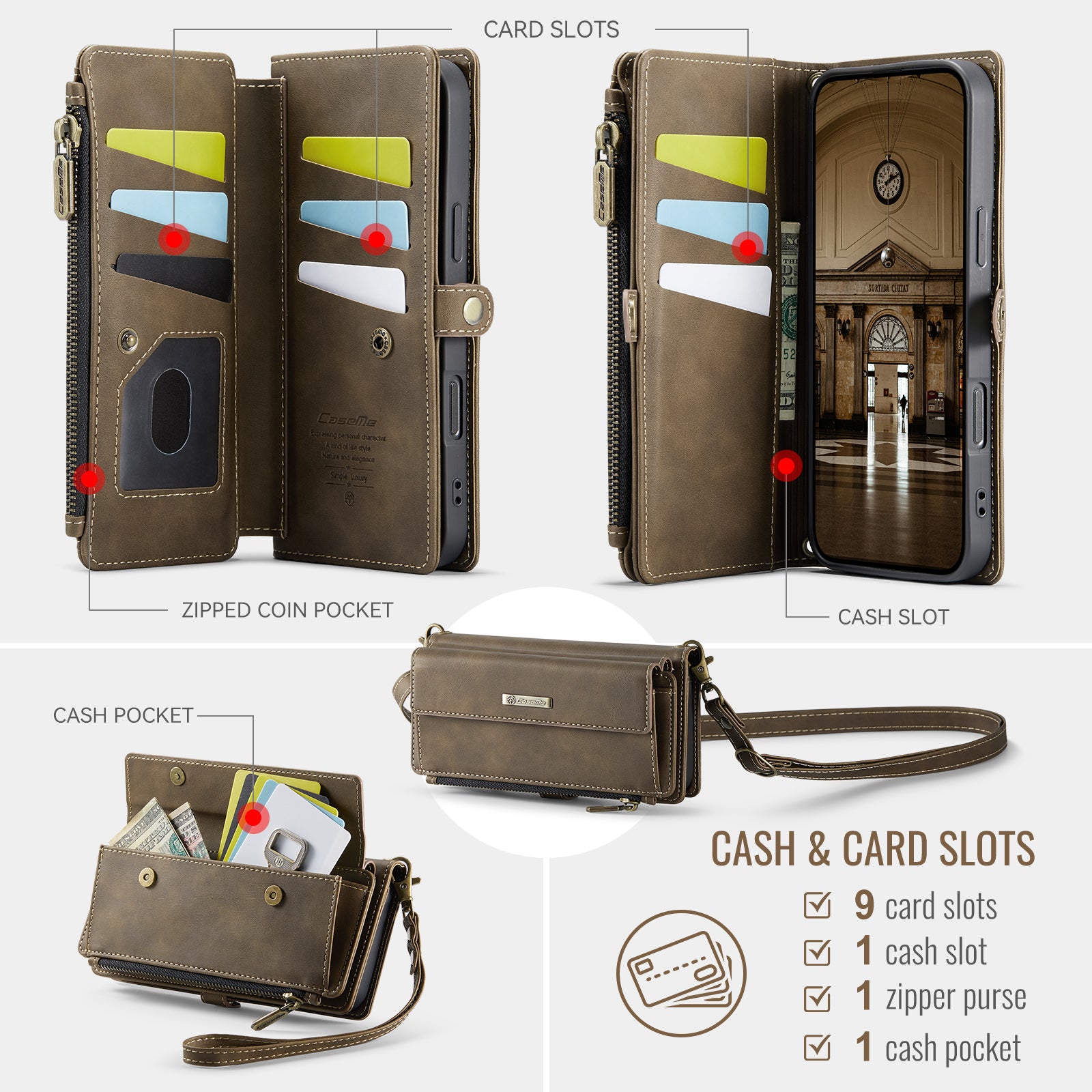 CASEME For iPhone 18 Pro Case RFID Blocking Zipper Wallet Stand Retro Vegan Leather Cover with Strap - Image 3
