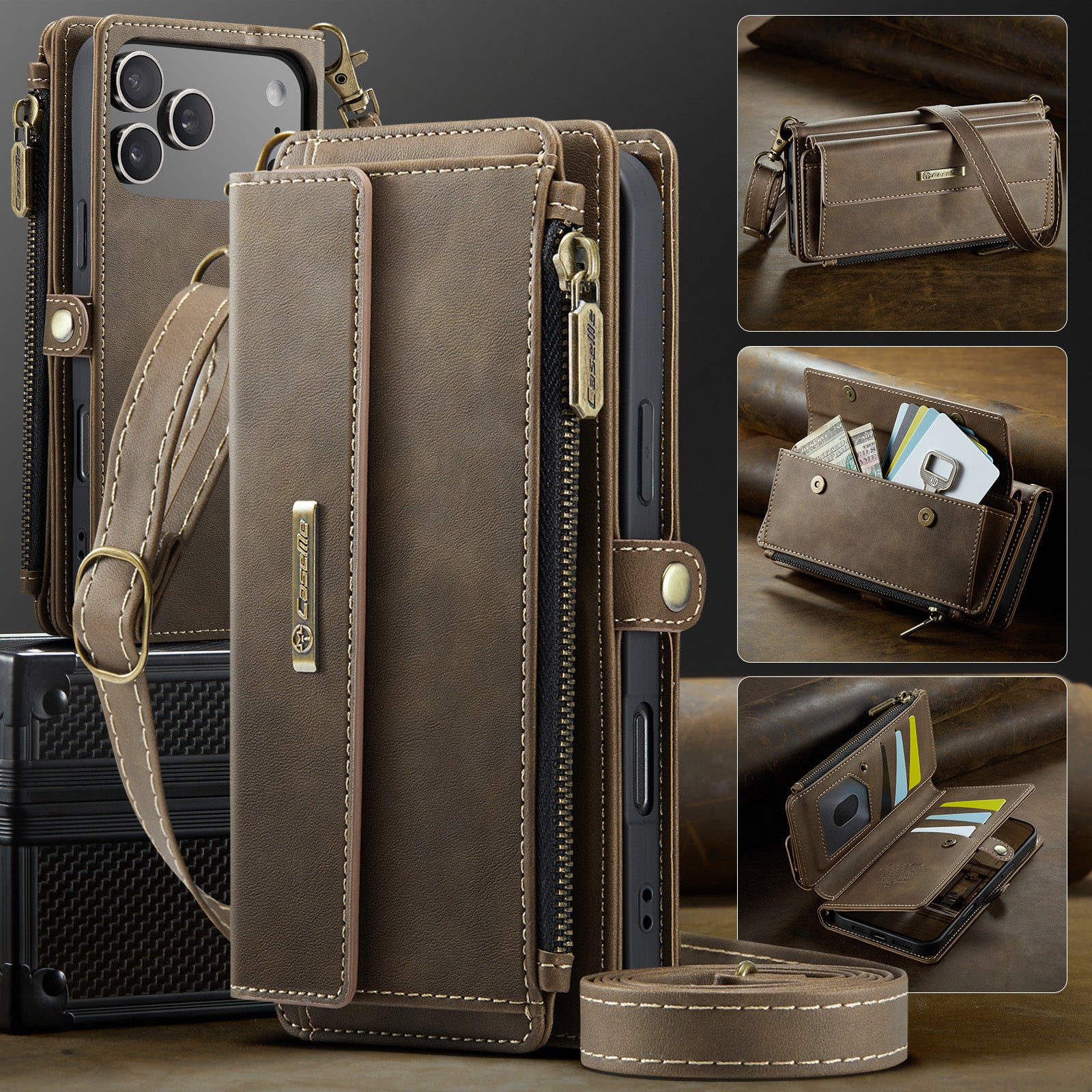 CASEME For iPhone 18 Pro Case RFID Blocking Zipper Wallet Stand Retro Vegan Leather Cover with Strap - Image 5