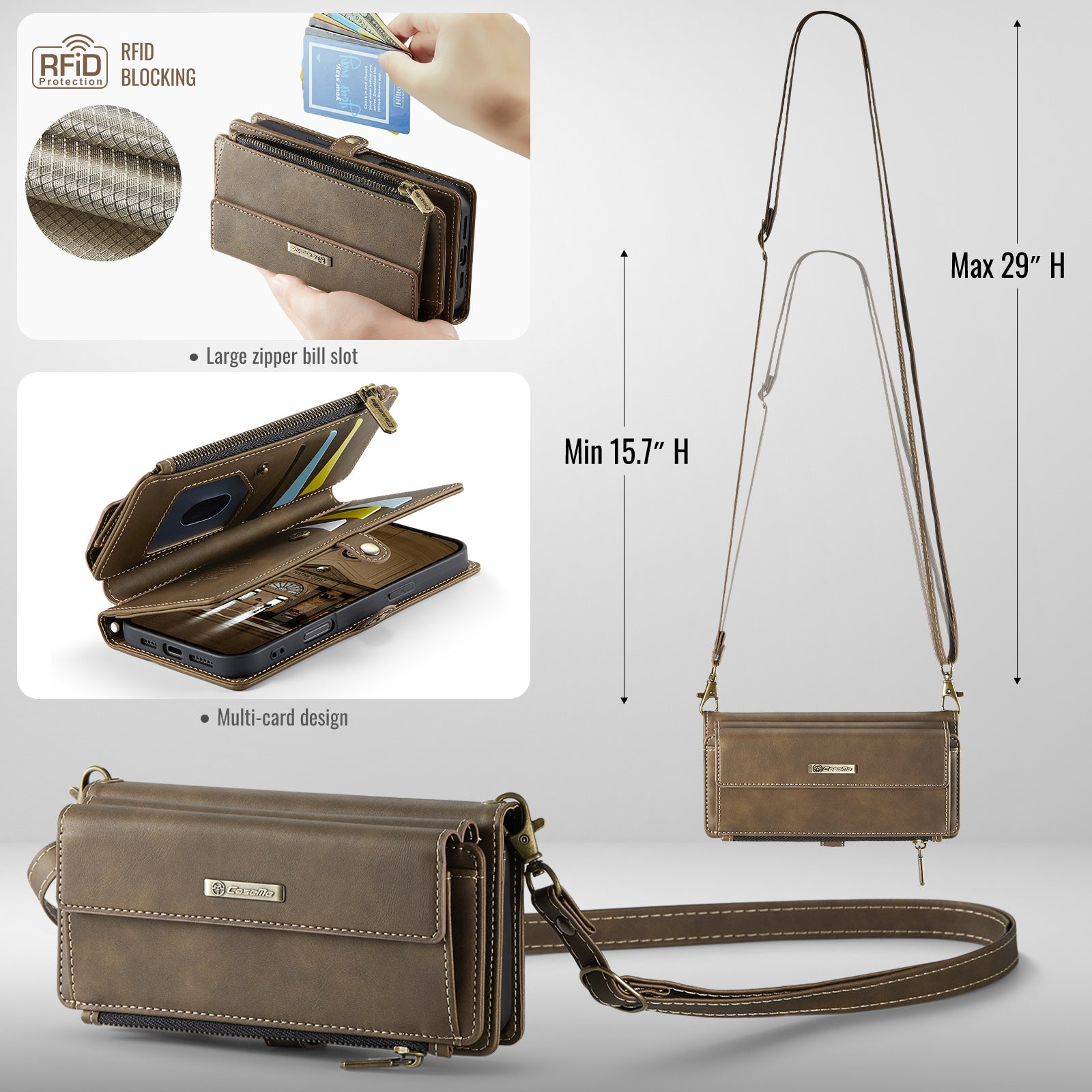 CASEME For iPhone 18 Pro Case RFID Blocking Zipper Wallet Stand Retro Vegan Leather Cover with Strap - Image 6