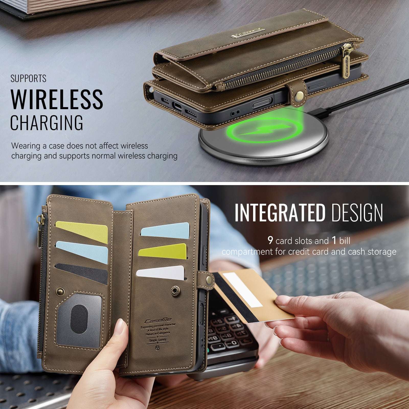 CASEME For iPhone 18 Pro Case RFID Blocking Zipper Wallet Stand Retro Vegan Leather Cover with Strap - Image 8