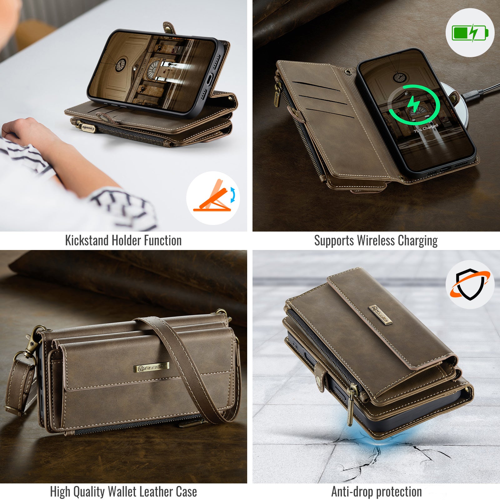 CASEME For iPhone 18 Pro Case RFID Blocking Zipper Wallet Stand Retro Vegan Leather Cover with Strap - Image 9
