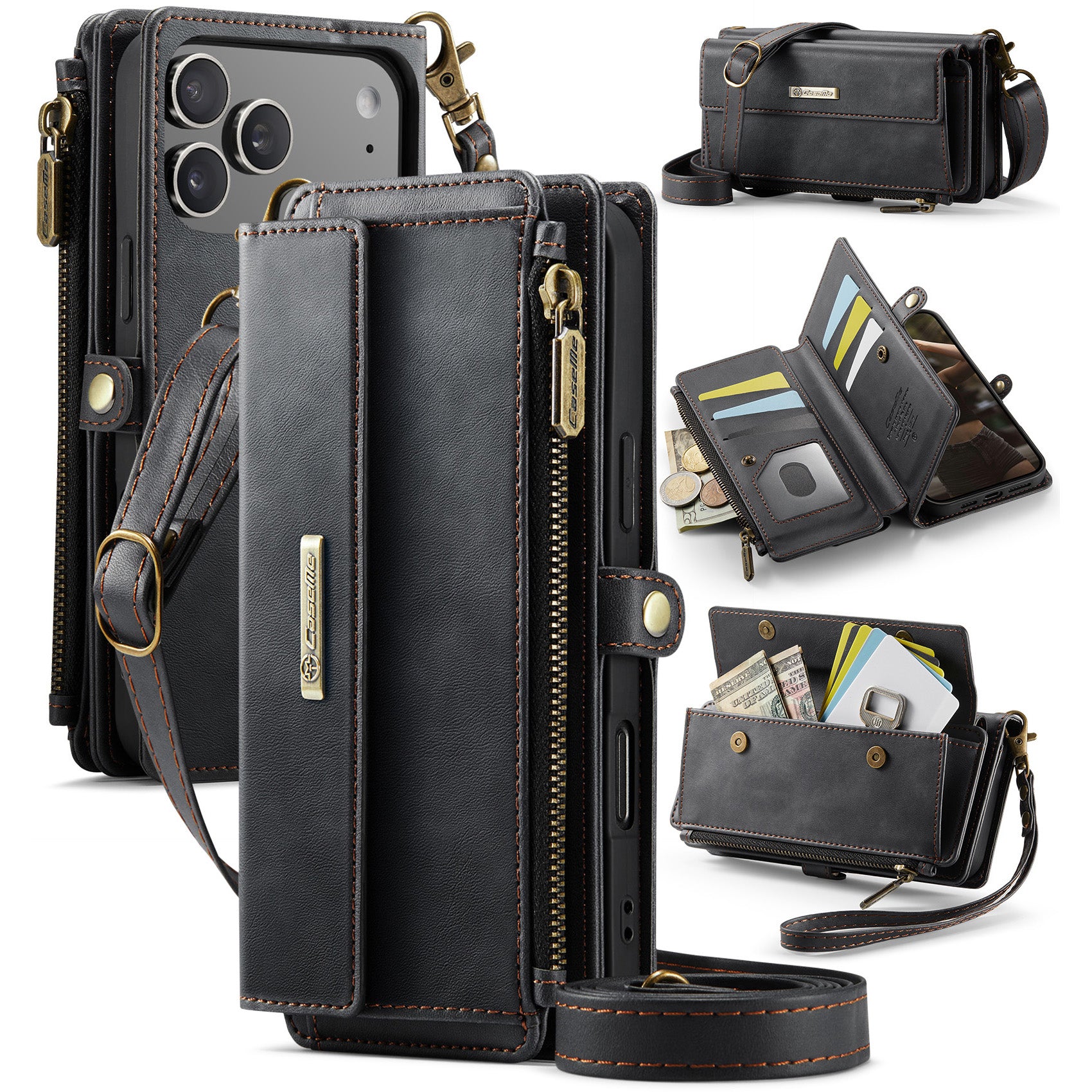 CASEME For iPhone 18 Pro Case RFID Blocking Zipper Wallet Stand Retro Vegan Leather Cover with Strap - Image 13