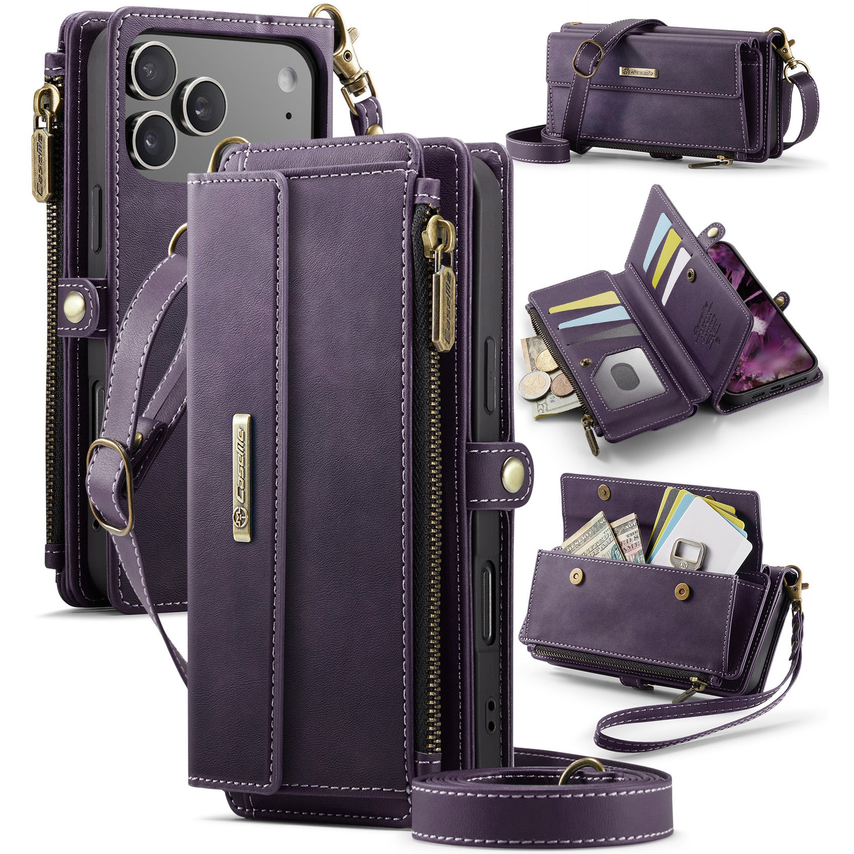 CASEME For iPhone 18 Pro Case RFID Blocking Zipper Wallet Stand Retro Vegan Leather Cover with Strap - Image 14