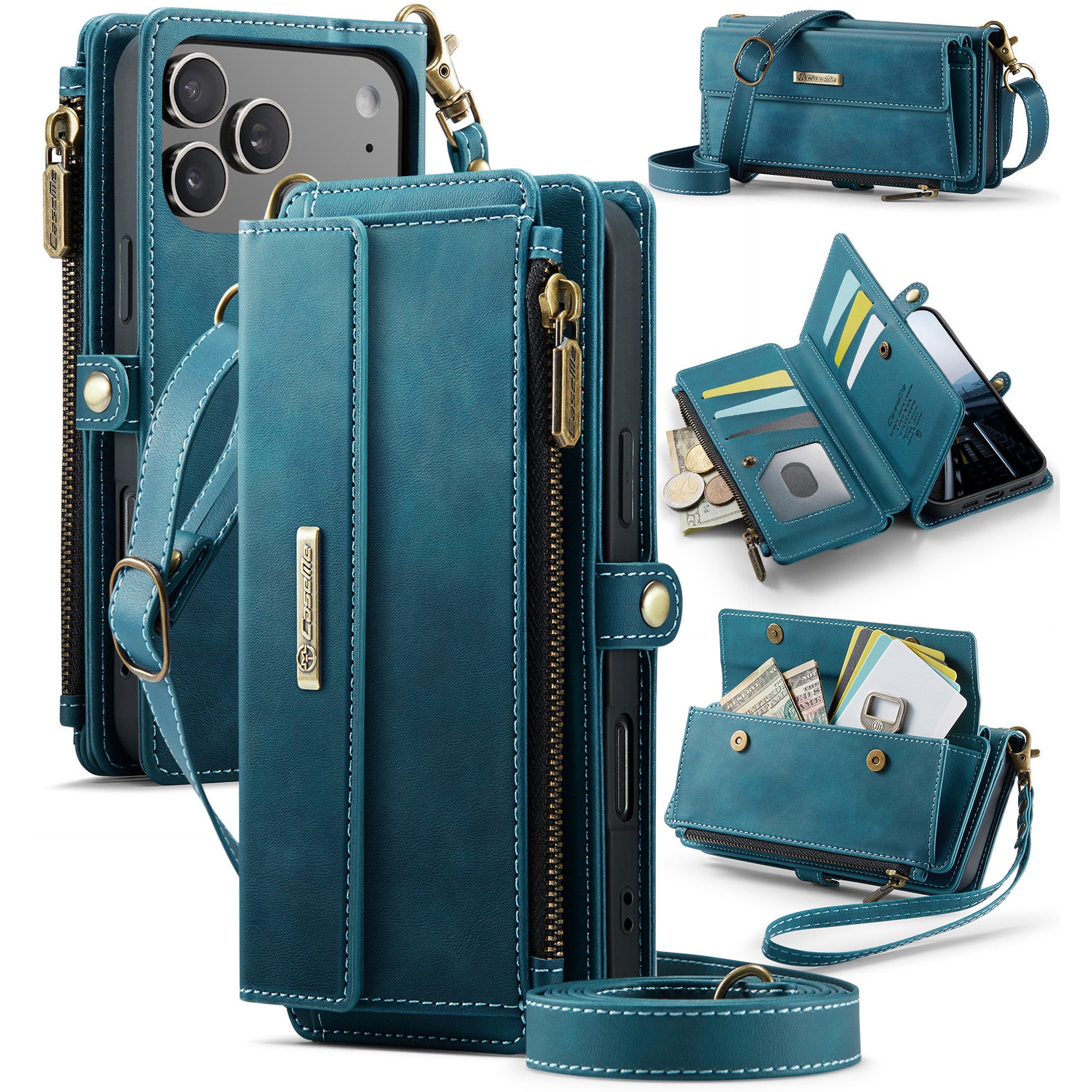CASEME For iPhone 18 Pro Case RFID Blocking Zipper Wallet Stand Retro Vegan Leather Cover with Strap - Image 15