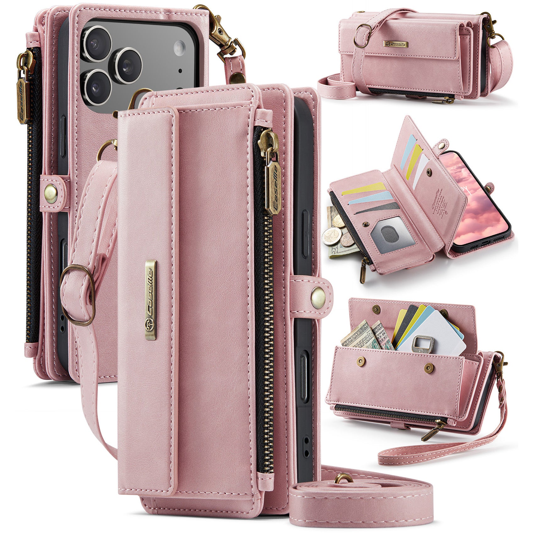 CASEME For iPhone 18 Pro Case RFID Blocking Zipper Wallet Stand Retro Vegan Leather Cover with Strap - Image 16