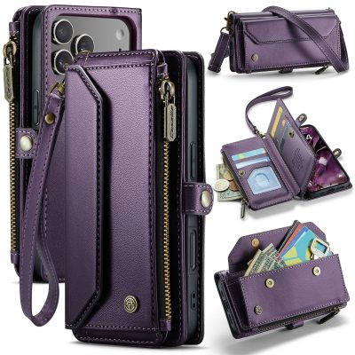 CASEME For iPhone 18 Pro Case Zipper Wallet Leather Flip Phone Cover with Straps