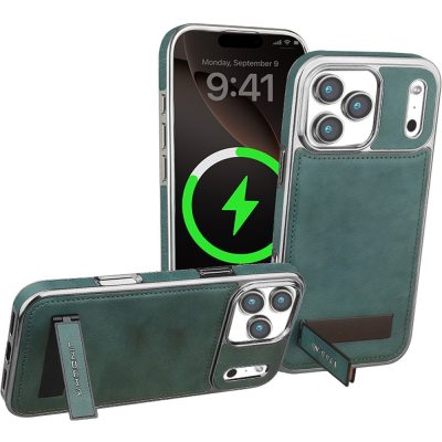 JINDUKA For iPhone 18 Pro Max Case Kickstand Leather Coated PC TPU Phone Cover