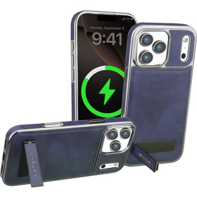 JINDUKA iPhone 18 Pro Case Kickstand Leather Coated PC TPU Phone Cover