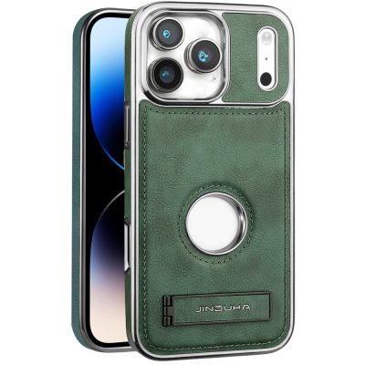 JINDUKA For iPhone 18 Pro Case with Logo Cutout Kickstand Leather Coated PC-TPU Phone Cover