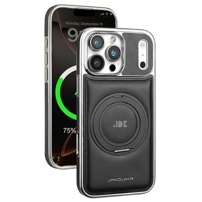JINDUKA For iPhone 18 Pro Max Case Rotating Kickstand Electroplated Leather Coated TPU-PC Cover | Compatible with MagSafe