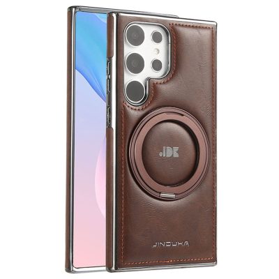 JINDUKA For Samsung Galaxy S25 Ultra Magnetic Case Rotating Kickstand Electroplated Leather Coated TPU-PC Cover