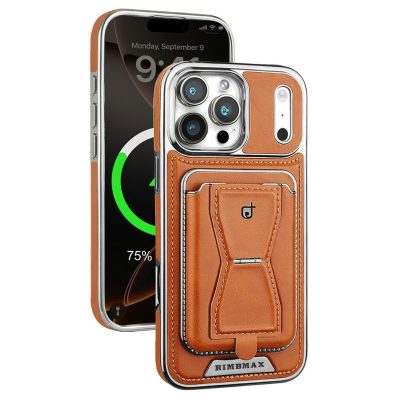 RIMBMAX For iPhone 18 Pro Max Case Card Holder Kickstand Leather PC-TPU Phone Cover | Compatible with MagSafe