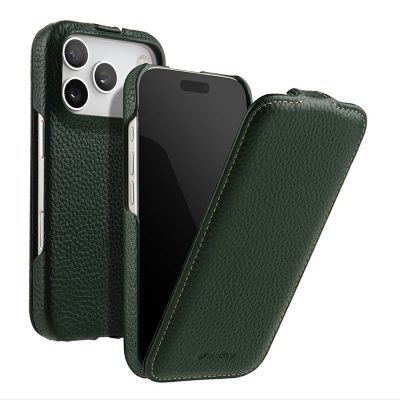 MELKCO For iPhone 18 Pro Max Case Genuine Cow Leather Vertical Flip Phone Cover | Compatible with MagSafe