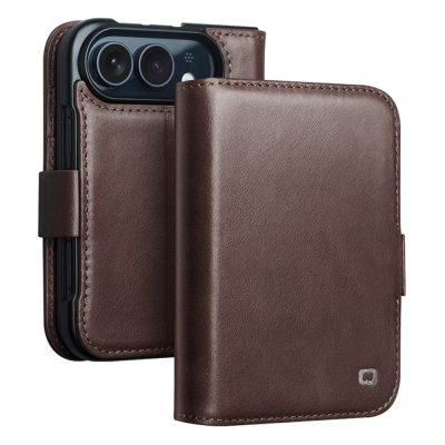 QIALINO For iPhone Duo Case Oil-Waxed Genuine Cow Leather Flip Stand Wallet Phone Cover