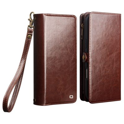 QIALINO For iPhone 18 Pro Max Case Split Leather Detachable 2-in-1 Wallet Phone Cover with Long Strap and Wrist Strap
