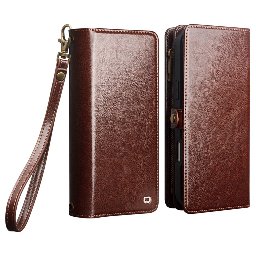 QIALINO For iPhone 18 Pro Max Case Split Leather Detachable 2-in-1 Wallet Phone Cover with Long Strap and Wrist Strap