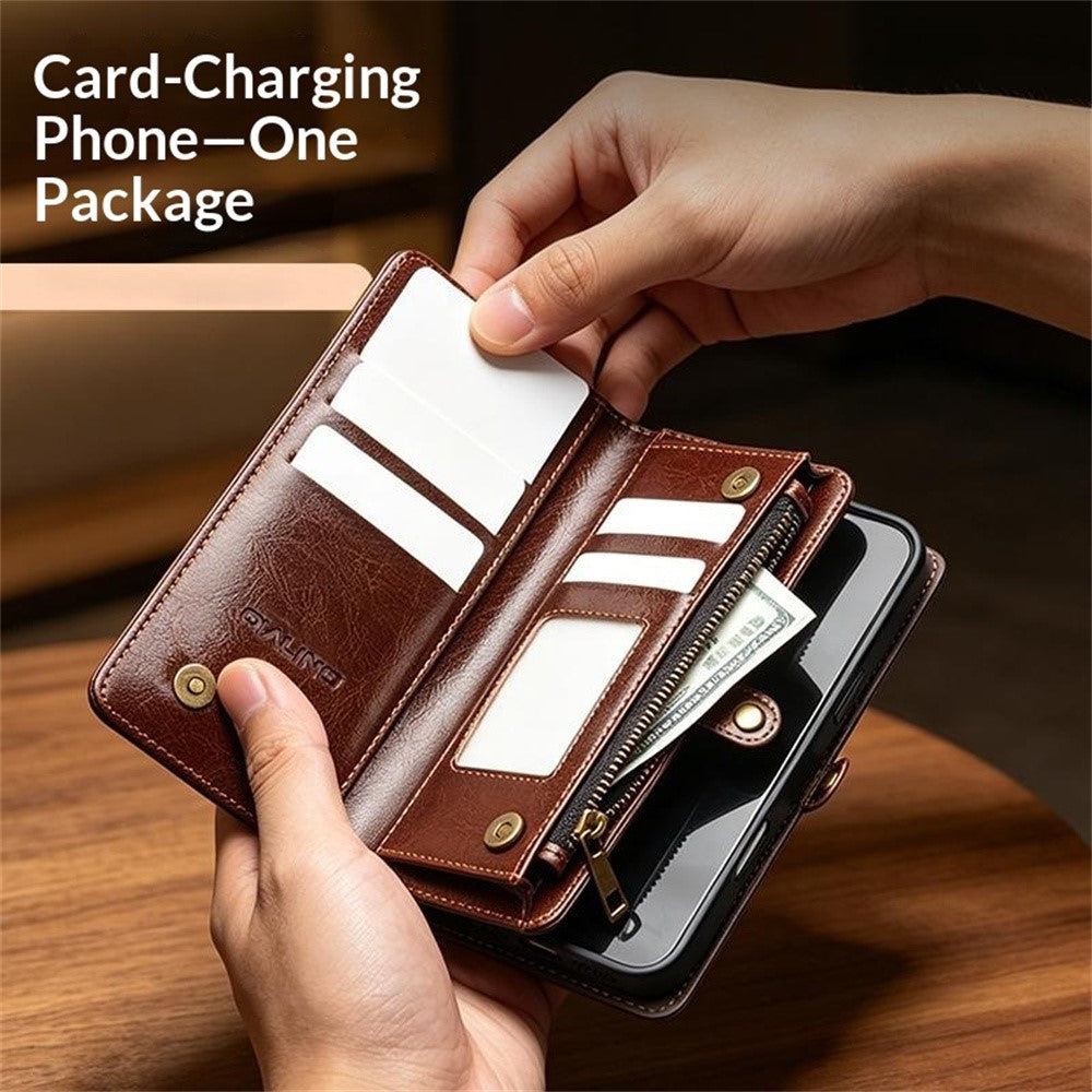 QIALINO For iPhone 18 Pro Max Case Split Leather Detachable 2-in-1 Wallet Phone Cover with Long Strap and Wrist Strap - Image 4