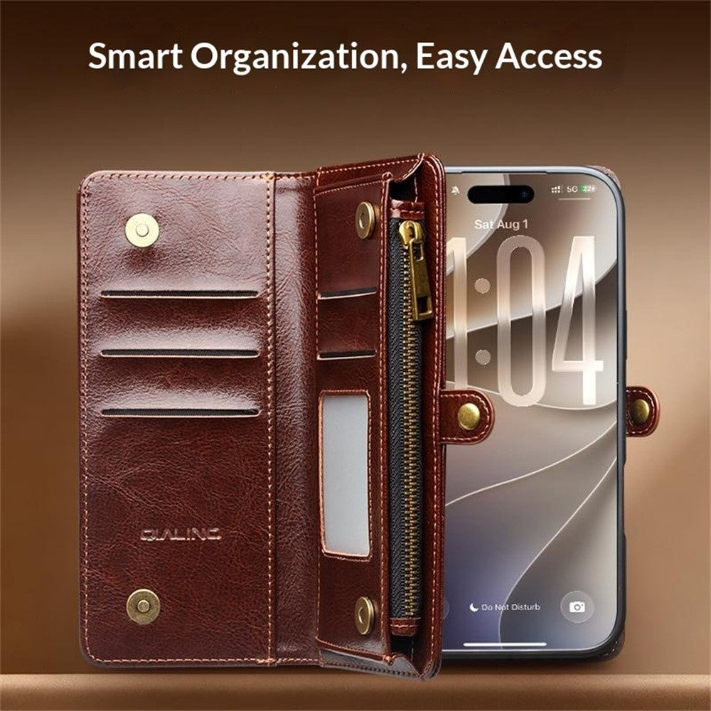 QIALINO For iPhone 18 Pro Max Case Split Leather Detachable 2-in-1 Wallet Phone Cover with Long Strap and Wrist Strap - Image 5