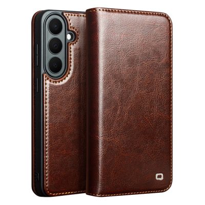 QIALINO For Samsung Galaxy S26 FE Case Genuine Waxy Cowhide Leather Wallet Flip Phone Cover with Stand