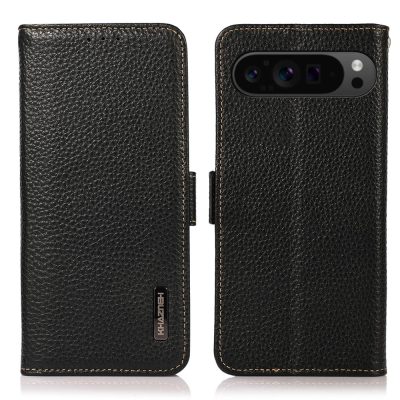 KHAZNEH For Google Pixel 10 Pro XL / 9 Pro XL Case Litchi Texture Genuine Cow Leather RFID Blocking Wallet Flip Phone Cover