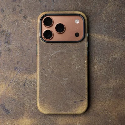 For iPhone 18 Pro & Pro Max Full-Wrap Handmade Genuine Pull-Up Scars Cowhide Leather Cases (Noix & Cement) | Compatible with MagSafe
