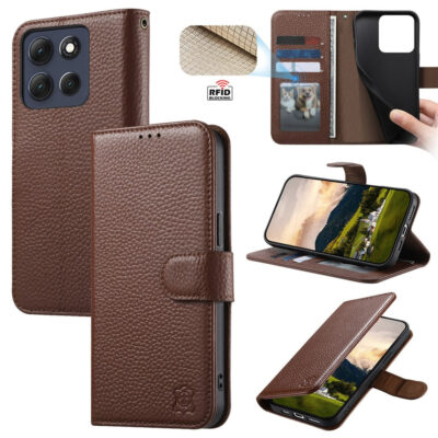 Split Leather Flip Cover For Motorola Moto G67 Power / Moto G57 Power Case RFID Blocking Wallet with Magnetic Clasp