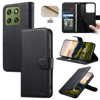 Split Leather Flip Cover For Motorola Moto G77 / Moto G67 Case RFID Blocking Wallet with Magnetic Clasp