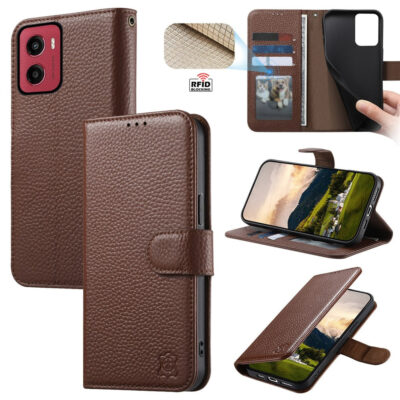 Split Leather Flip Cover For Motorola Moto G06 / Moto G06 Power Case RFID Blocking Wallet with Magnetic Clasp