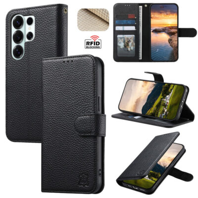 Split Leather Flip Cover For Samsung Galaxy S26 Ultra Case RFID Blocking Wallet with Magnetic Clasp