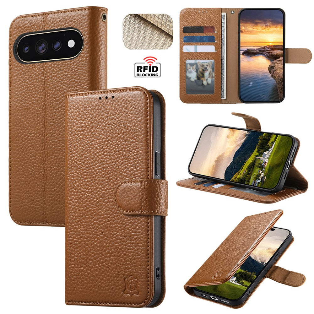 Split Leather Flip Cover For Google Pixel 11 Pro / Pixel 11 Case RFID Blocking Wallet with Magnetic Clasp