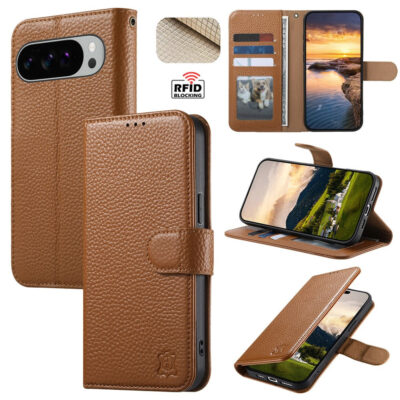 Split Leather Flip Cover For Google Pixel 10 Pro XL / Pixel 9 Pro XL Case RFID Blocking Wallet with Magnetic Clasp
