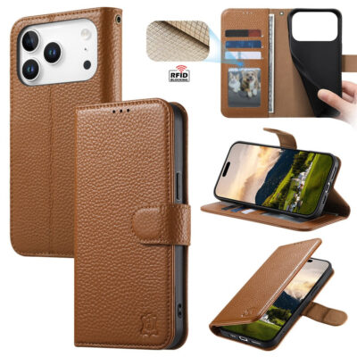 Split Leather Flip Cover For iPhone 18 Pro Max / iPhone 17 Pro Max Case RFID Blocking Wallet with Magnetic Clasp