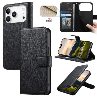 Split Leather Flip Cover For iPhone 18 Pro / iPhone 17 Pro Case RFID Blocking Wallet with Magnetic Clasp