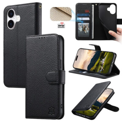 Split Leather Flip Cover For iPhone 16 Case RFID Blocking Wallet with Magnetic Clasp
