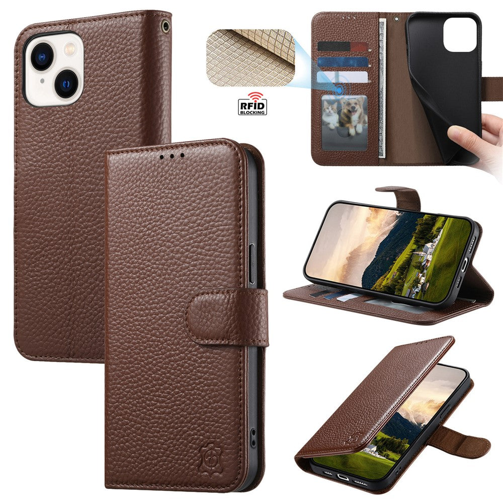 Split Leather Flip Cover For iPhone 14 / iPhone 13 Case RFID Blocking Wallet with Magnetic Clasp - Image 10