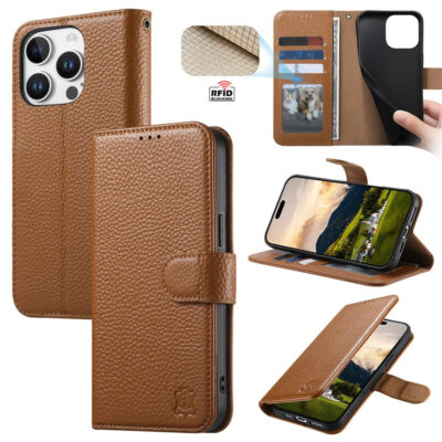 Split Leather Flip Cover For iPhone 14 Pro Max Case RFID Blocking Wallet with Magnetic Clasp