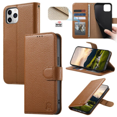 Split Leather Flip Cover For iPhone 12 Pro Max Case RFID Blocking Wallet with Magnetic Clasp