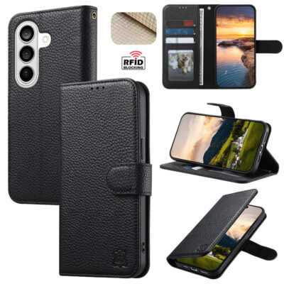 Split Leather Flip Cover For Samsung Galaxy S24 FE Case RFID Blocking Wallet with Magnetic Clasp